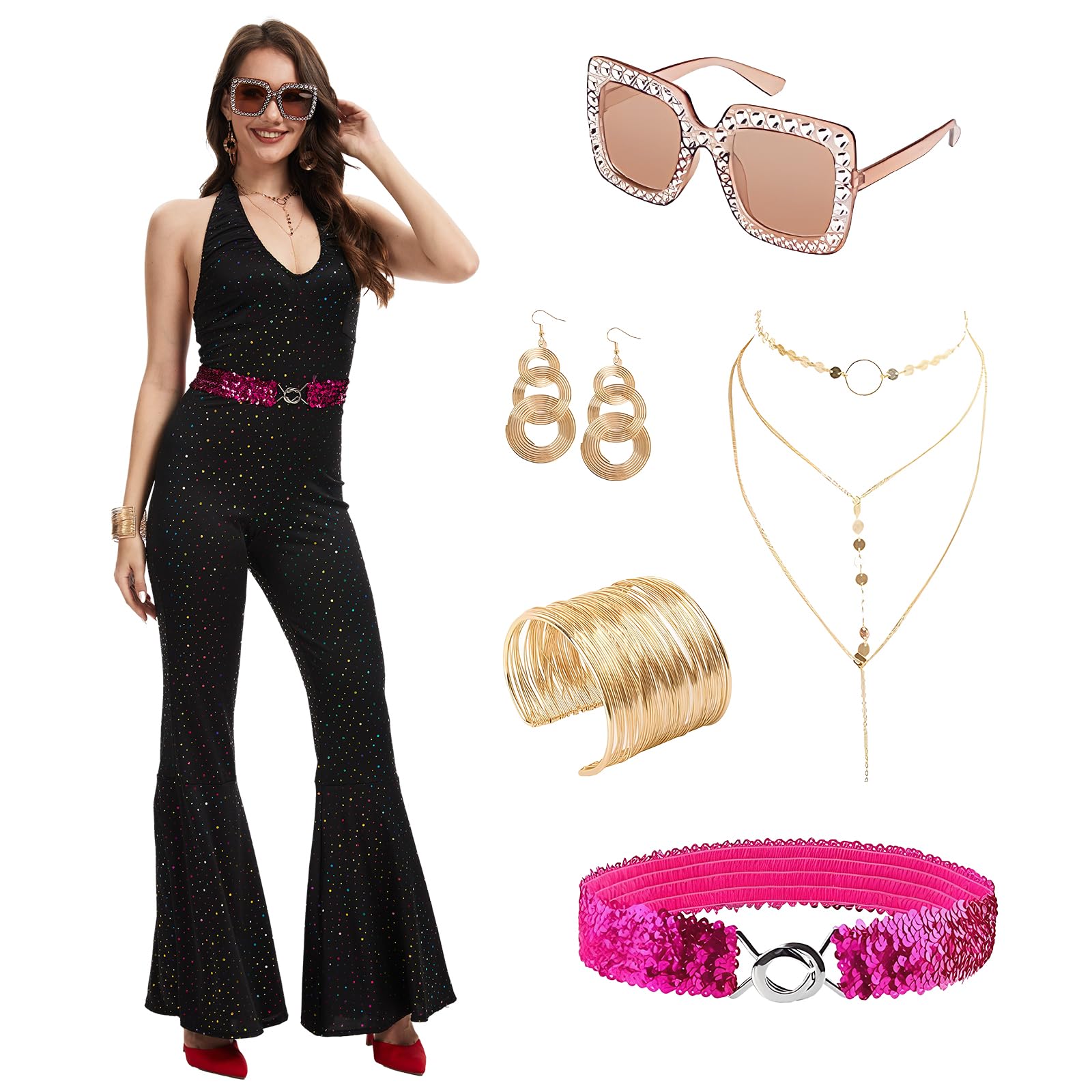 JDFAIJEAL Women's Disco Jumpsuit with Sequins, Flare Pants & Belt, 70s 80s Retro Party Outfit (Black, M)