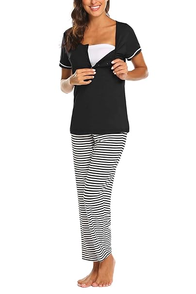 MAXMODA Damen Umstandspyjama Stillfunktion Stillschlafanzug Langarm Gestreifte Hosen