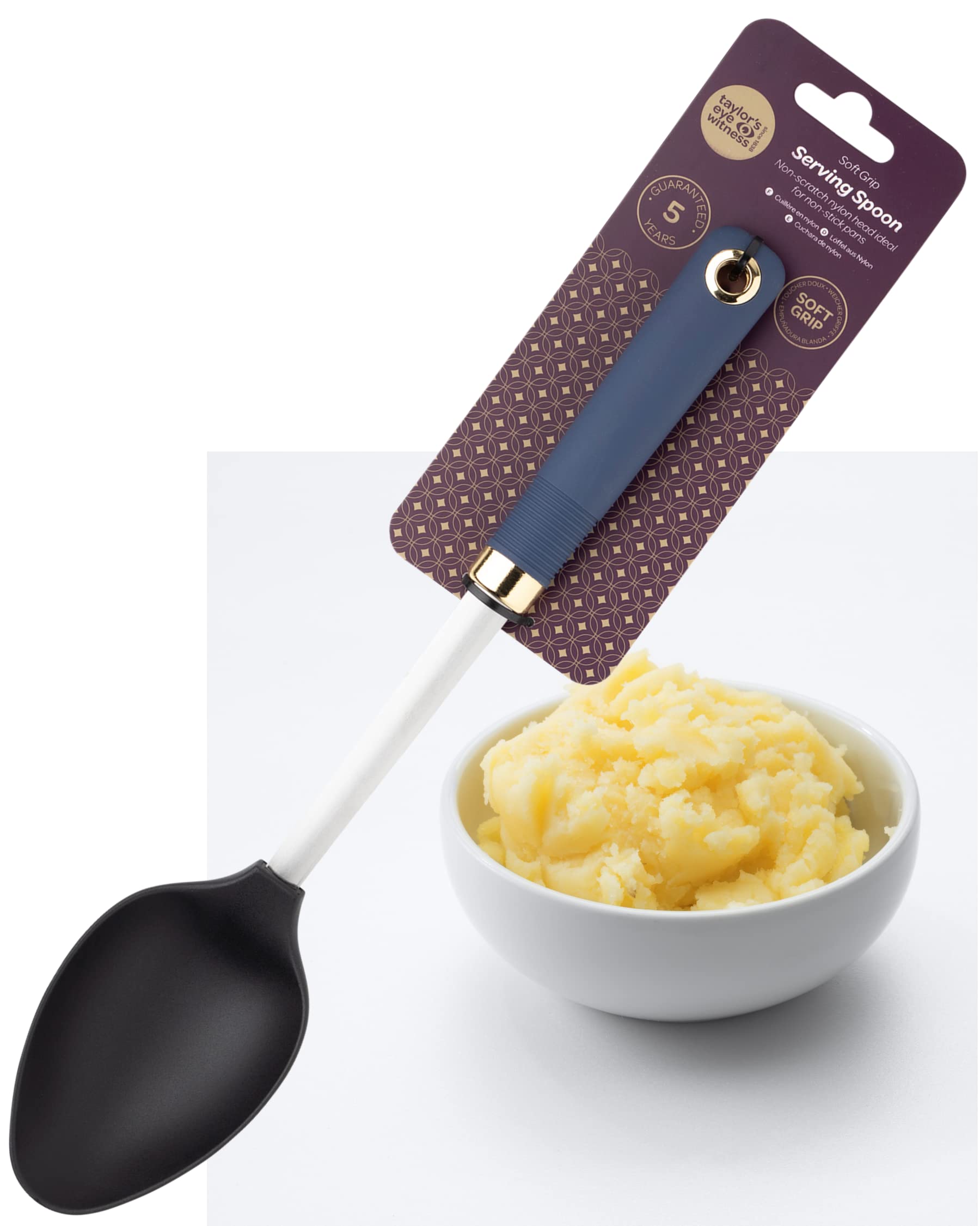 Nylon Head Serving Spoon Utensil - Anti-Scratch for Non-Stick Pans, Heat Resistant Head, Soft Grip Handle. Kitchen Tool with Gold Coloured Hanging Hook. 5 Year Guarantee, Sleek Blue and Gold Design