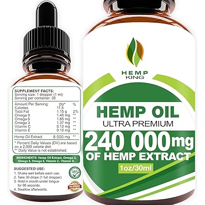 Hemp Oil Drops 240 000 mg, 100% Natural Extract, Anti-Anxiety and Anti-Stress, Natural Dietary Supplement, Rich in Omega 3&amp;6 Fatty Acids for Skin &amp; Heart Health, Vegan Friendly