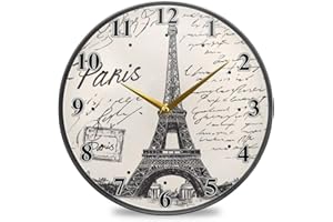 STAYTOP Paris Eiffel Tower Wall Clock, 12 Inch Silent Non-Ticking Battery Operated Modern Clock for Bedroom, Living Room, Kit