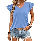 JUSTFASHIONNOW Womens Summer Ruffle Flutter Sleeve V Neck Tops, Soft Casual Striped Versatile Dressy Blouses