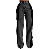 Nihsatin Womens Two Tone Jeans Wide Leg High Waisted Stretchy Buttoned Denim Pants