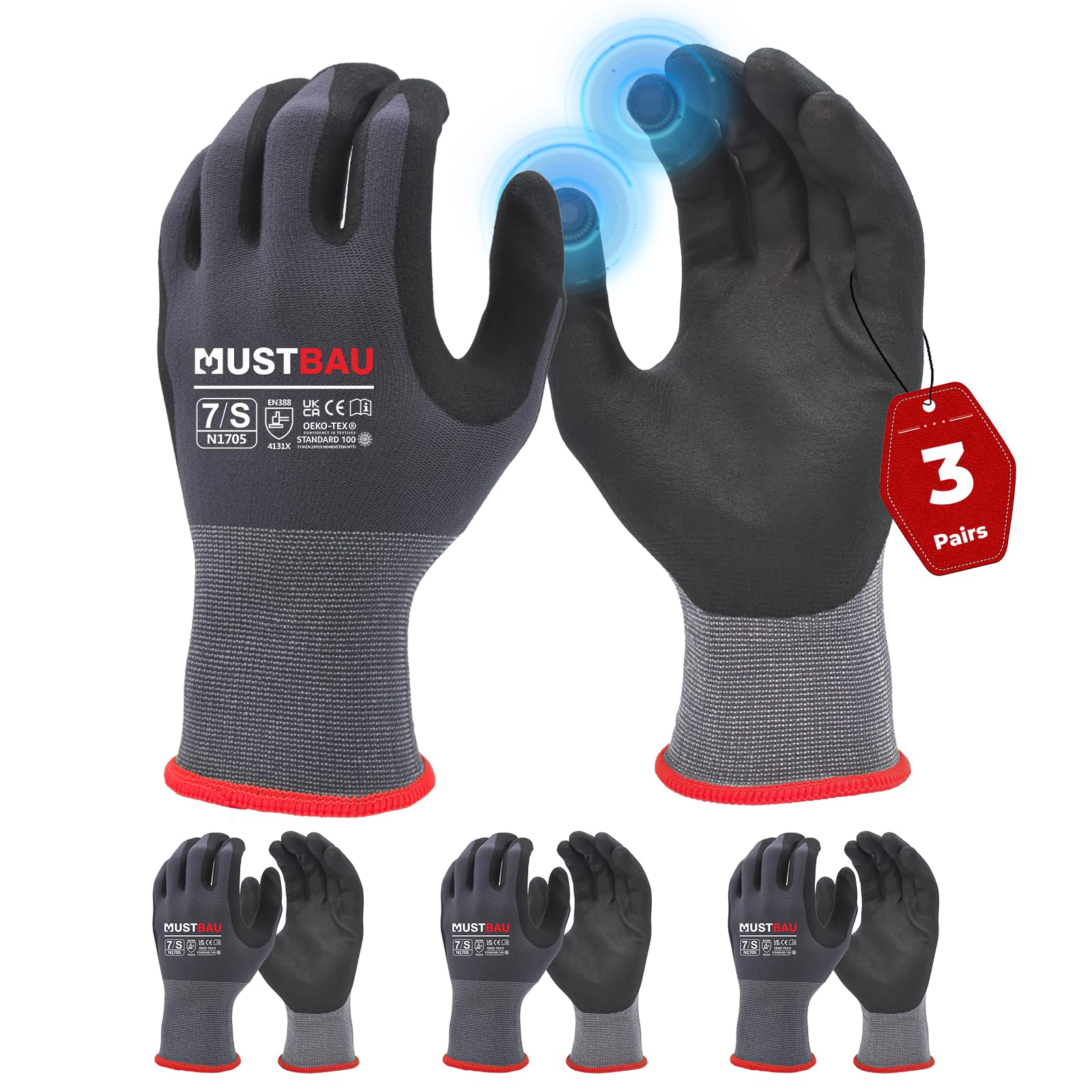 Mustbau 3 Pairs Safety Work Gloves,Non-Slip Gardening Gloves, Abrasion Resistant Nylon Working Gloves,Good Grip on Palm and Fingers,Ideal for Men Women General Duty Work-S