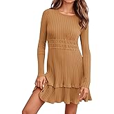 Wenrine Womens Long Sleeve Sweater Dress Casual Ribbed Knit Crewneck A Line Slim Fit Tiered Fall Mini Dresses
