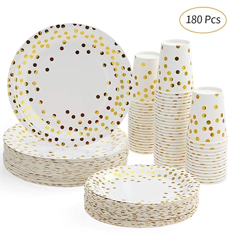 esonmus Partygeschirr Kindergeburtstag Set 60 Stück Pappbecher x 60 Stück 7In Dessertteller x 60 Stück 9In Pappteller Gold Tu
