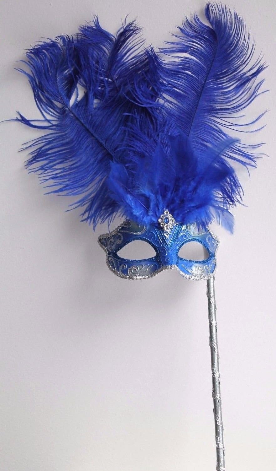 MASK & CO Ladies Quality Blue & Silver Feather Masquerade