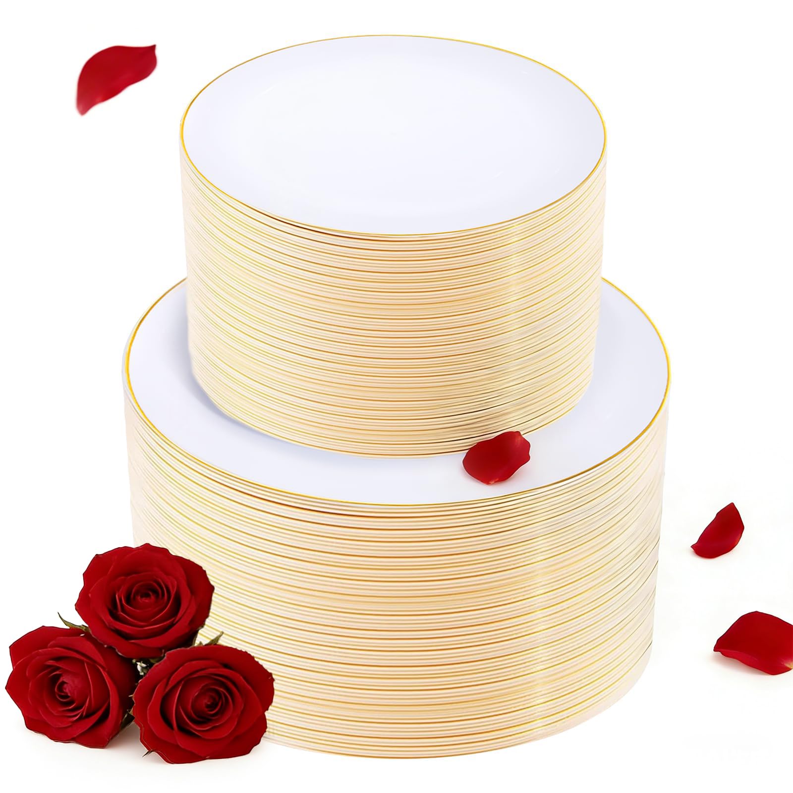 Photo 1 of KIRE 200PCS Gold Plastic Plates - Disposable Plates for Party - White Plastic Plates with Gold Rim Include 100 for Dinner and 100 for Dessert/Salad in Wedding/Valentine's Day/New Year