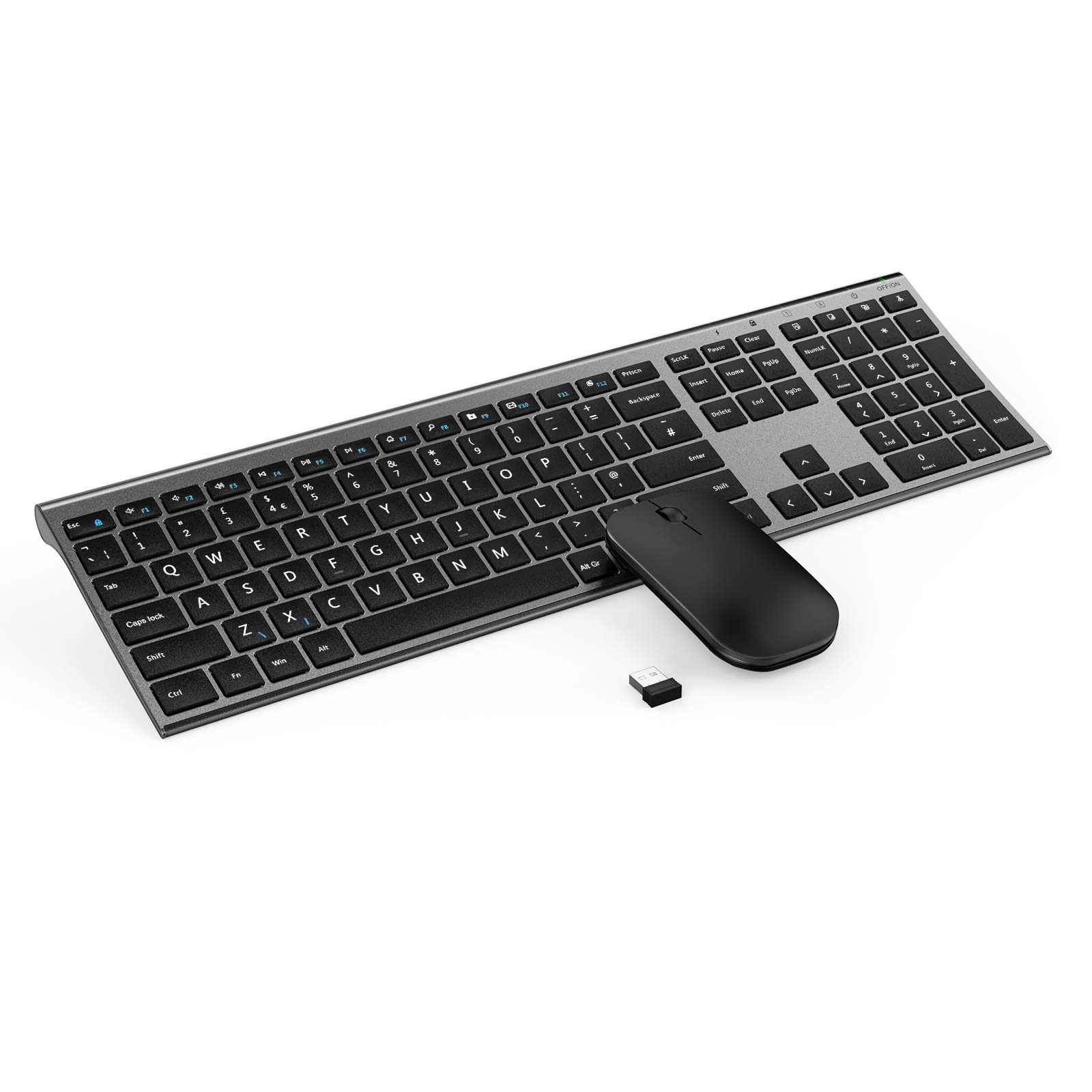 Wireless Keyboard and Mouse Combo, Jelly Comb Full Size Rechargeable USB Keyboard and Mice Set Qwerty UK Layout for PC,Laptop,Computer with Windows,Linux System, 2.4 G Wireless, Space Gray