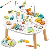 Giant bean® Wooden Activity Table for 1 Year Old, 11-in-1 Montessori Learning Table with Bead Maze, Shape Sorter, Fishing Gam