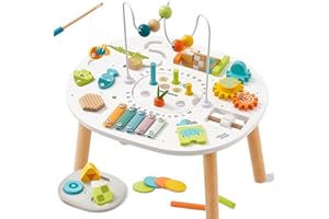 Giant bean® Wooden Activity Table for 1 Year Old, 11-in-1 Montessori Learning Table with Bead Maze, Shape Sorter, Fishing Game & More – Sensory Development Toy for Toddlers, Ideal 1st Birthday Gift