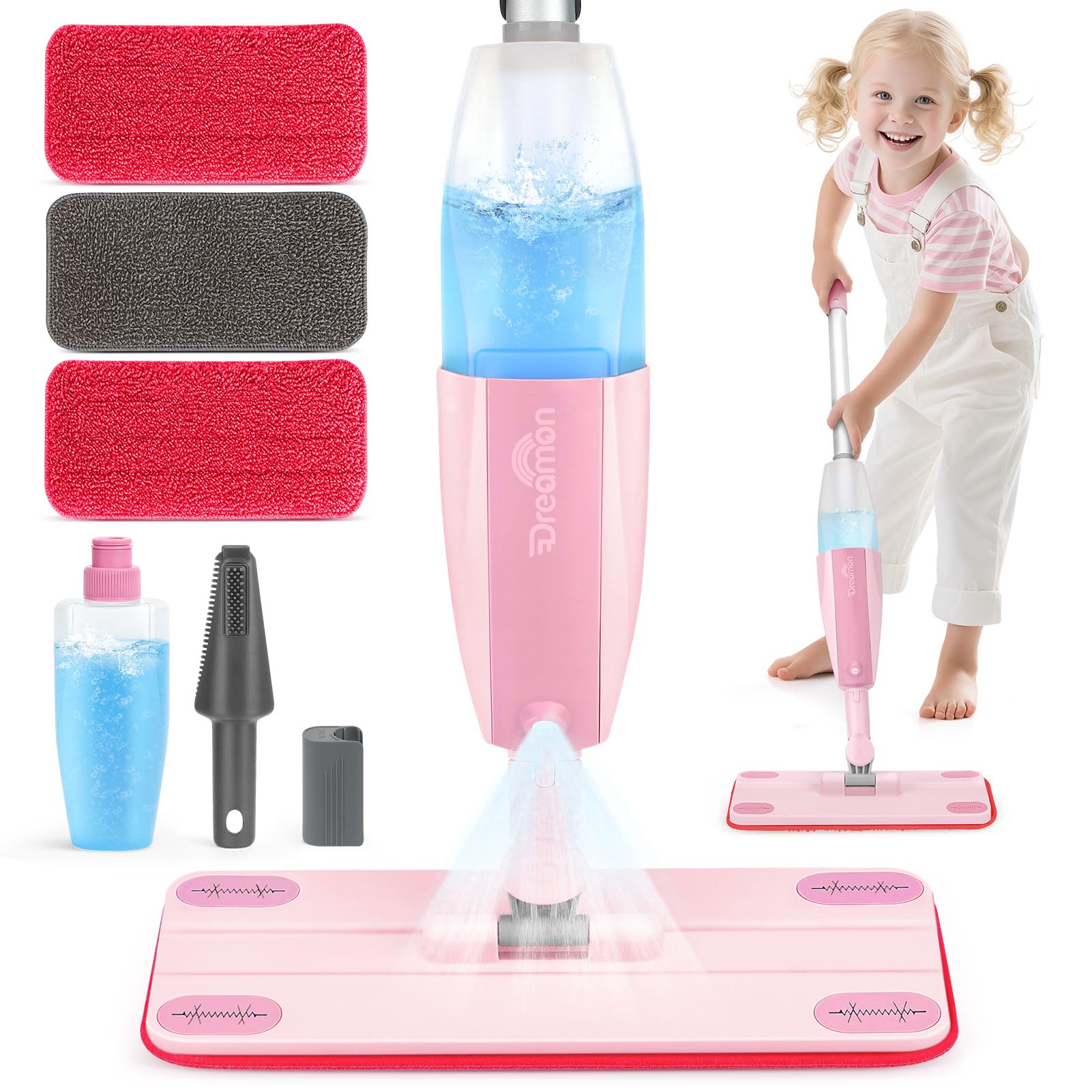 Photo 1 of Dreamon Kids Spray Mop - Real Working Toddler Cleaning Set with Water Sprayer & 3 Washable Mop Pads & Scraper, Pretend Play Montessori Housekeeping Toys Gifts for Toddlers Kids Girls Boys(Pink)