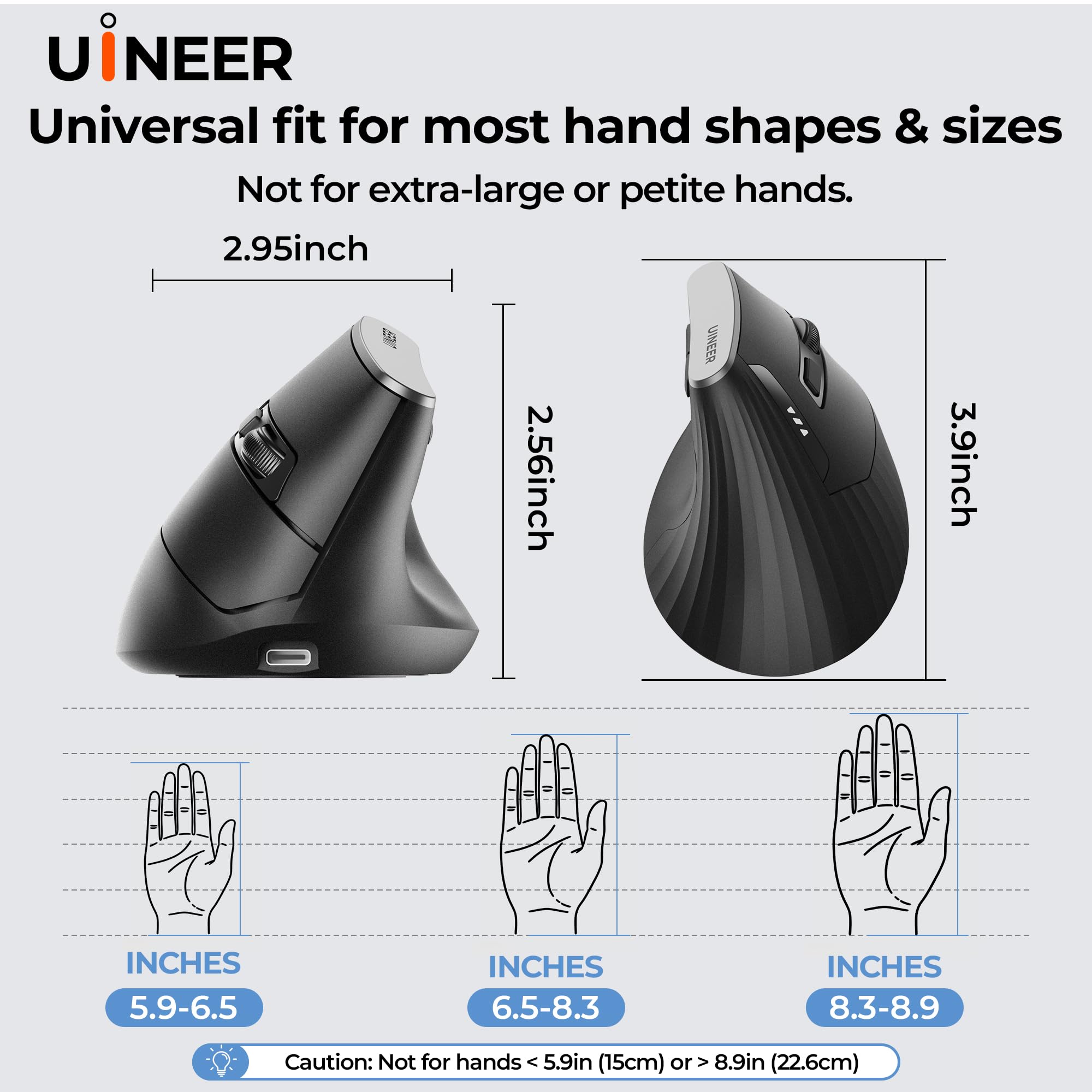 Uineer kabellose Maus, Multi-Device Tri-Mode Maus, sichtbare Leistungsstufe (2.4G+BT4.0/BT5.0) Wiederaufladbare Wireless Mouse, 4 einstellbare DPIs, 6 Tasten, für Laptop, Desktop, PC (Schwarz) 8