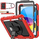 SEYMAC stock Case for iPad (A16) 11th/10th Generation 11''/10.9'' 2025/2022, Full-Body Drop Protection Case with Screen Protector &amp;360&deg; Rotate Hand Strap/Stand, Black+Red