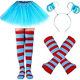 CICEYET 4pcs Halloween Costume Set for Women Blue Tulle Tutu Skirt Red Blue Striped Knee Socks Arm Warmer and Blue Headband