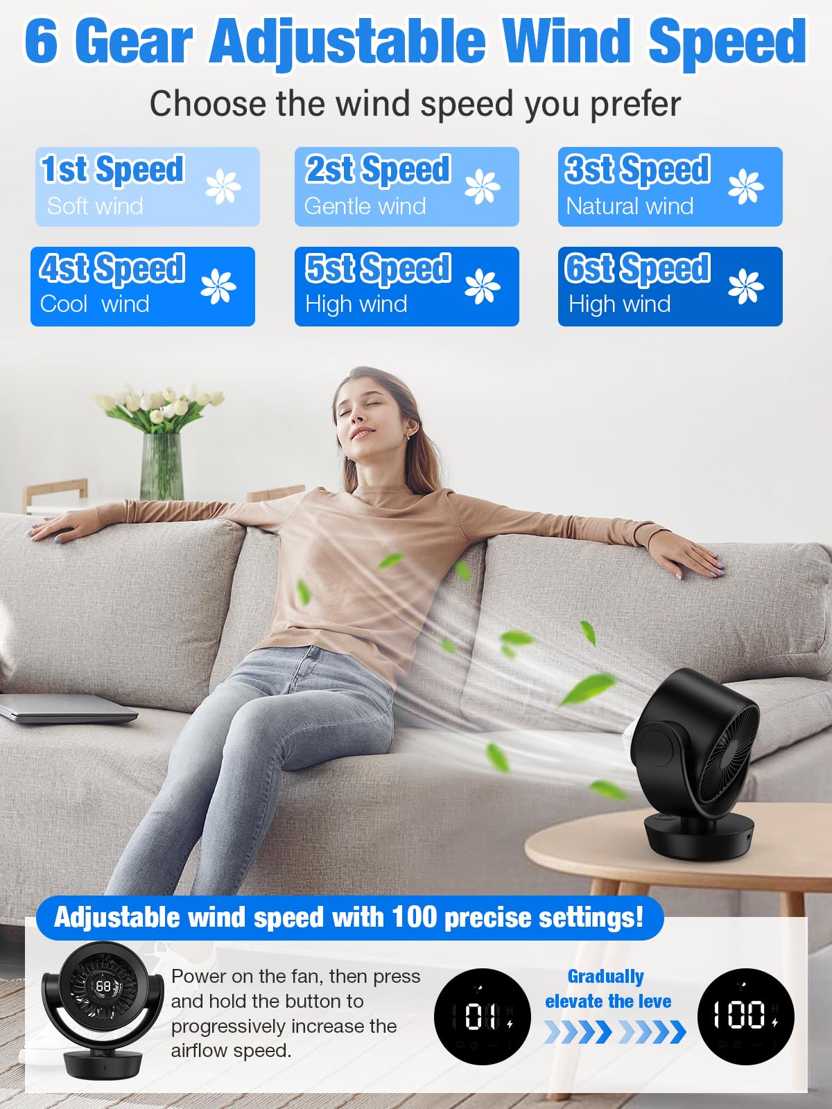 Desk Fan for Bedroom - 8000mAh Rechargeable Air Circulator Fan with Remote, 120° Horizontal & 90° Vertical Rotation, Quiet USB Table Oscillating Fan for Room Cooling, Adjustable 1-100 Speed