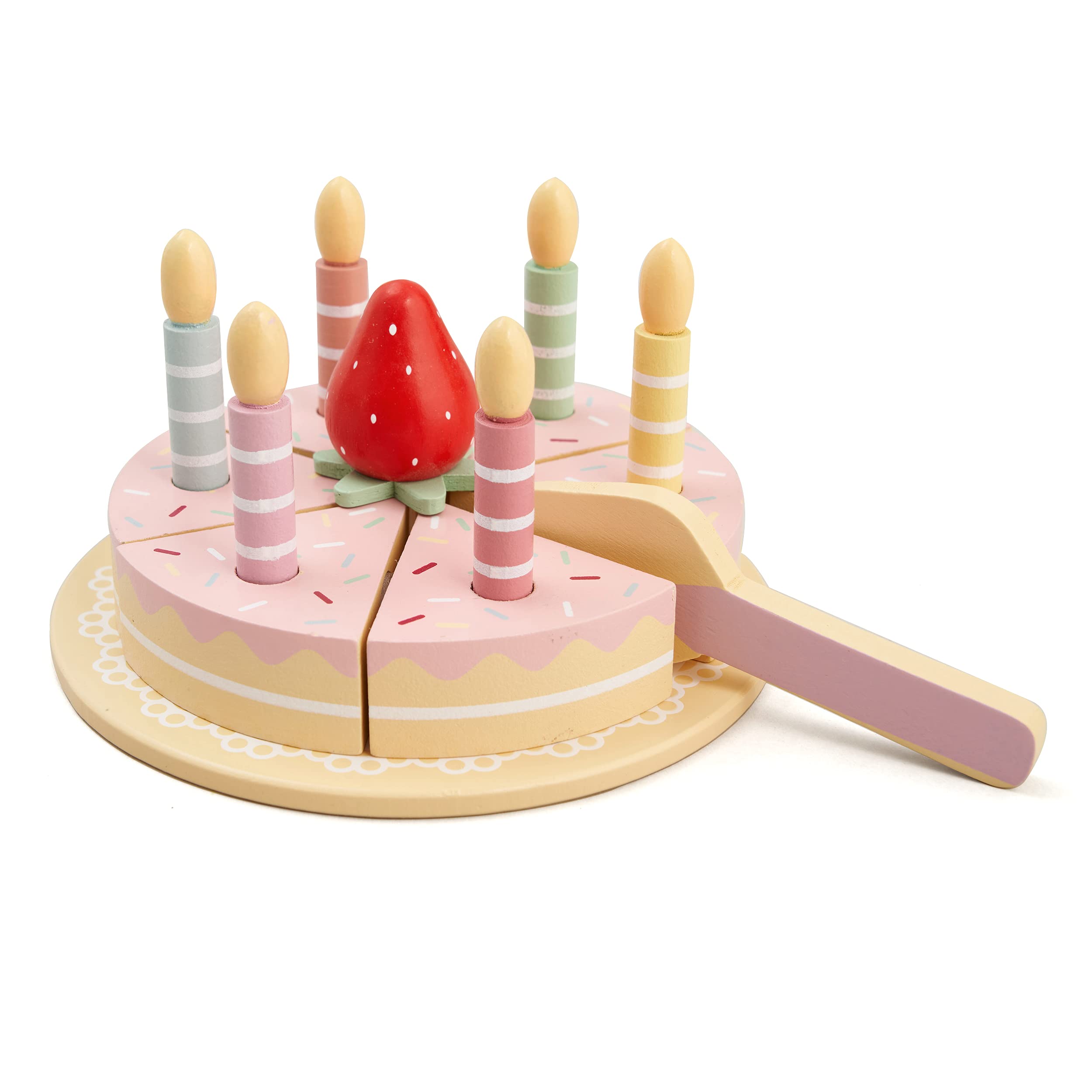 Hooga Wooden Birthday Cake Toy Pretend Play Food Toys for Kids, Pretend Role Play DIY Birthday Cutting Toy Cake Gift for Kids, Boys & Girls with Removable Candles & Strawberry Decoration - Pink