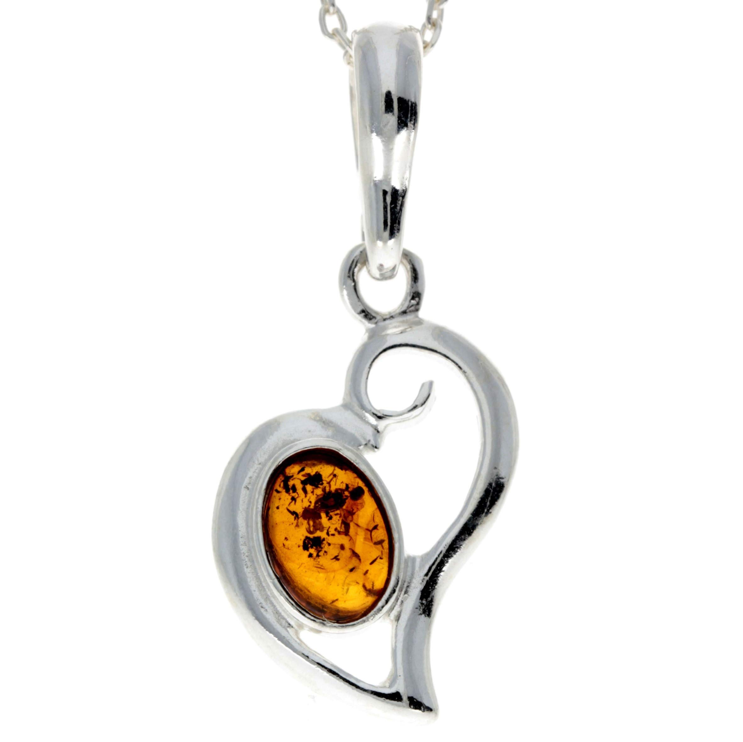 925 Sterling Silver & Cognac Baltic Amber Designer Heart Pendant without Chain - 1560