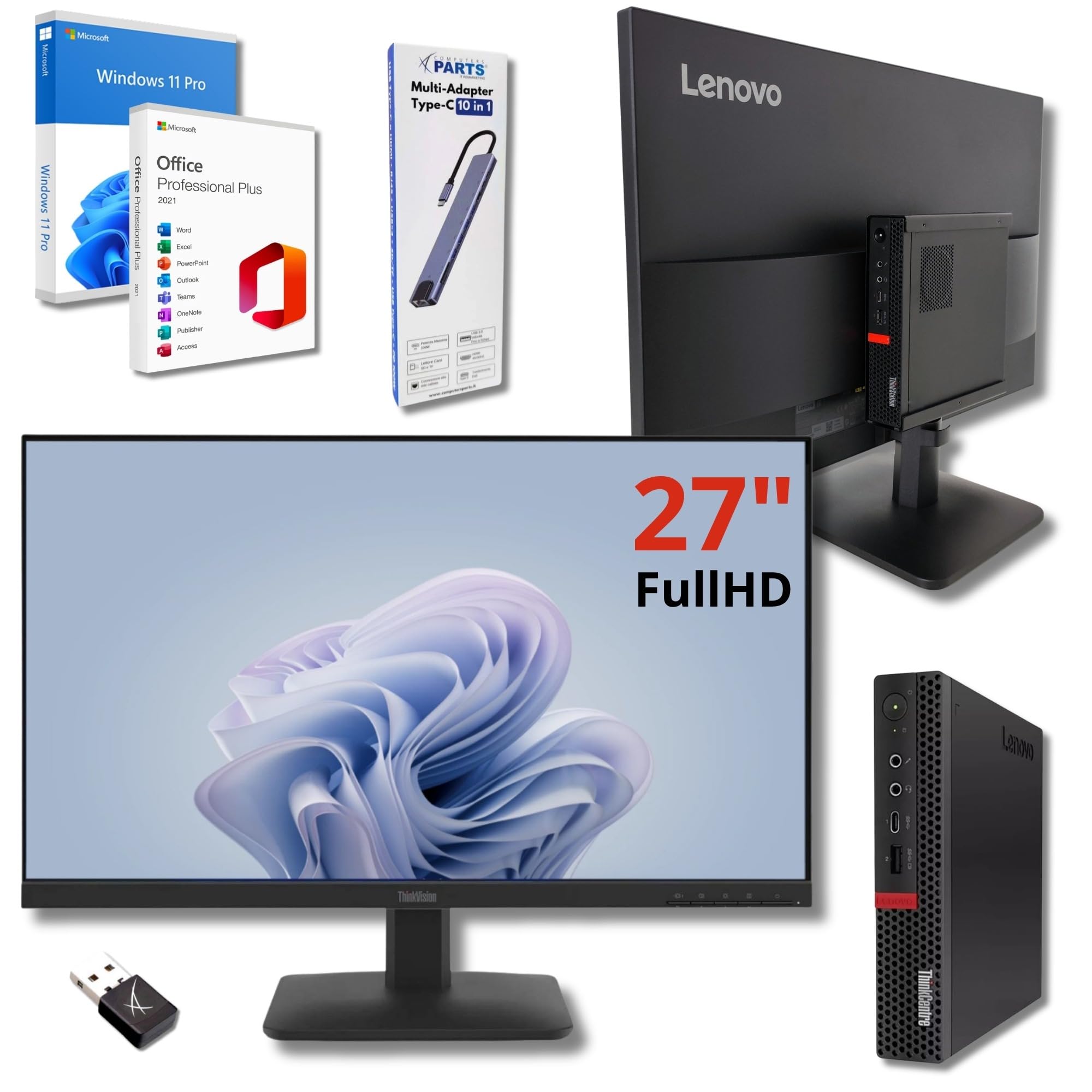Lenovo Computer Completo 27 pollici i5 8500 16 GB di RAM 256gb SSD NVME Win 11 Pro Office 2021 Pro 36 mesi di garanzia -S27 GARANZIA 36 MESI