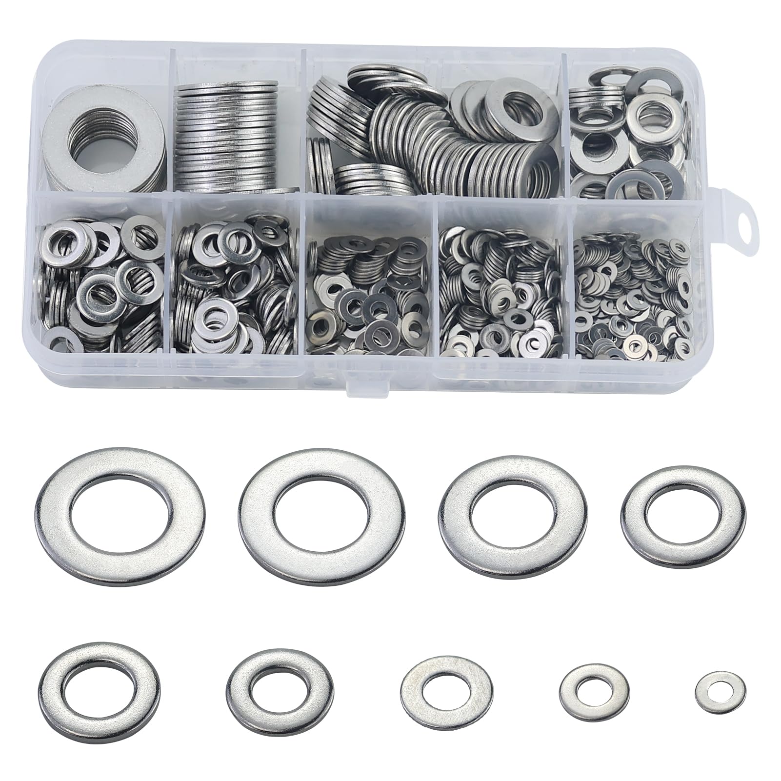 800 Pcs Stainless Steel Flat Washers Assortment Kit - 9 Sizes M2 M2.5 M3 M4 M5 M6 M8 M10 M12 for Screws and Bolts