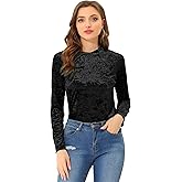 Allegra K Casual Velvet Top for Women's Soft Vintage Crew Neck Long Sleeve Christmas T-Shirt