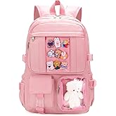 PRLINJSK Kawaii Backpack for Teen Girls, Cute Aesthetic High Middle School College Bookbag with Accessories, Pink