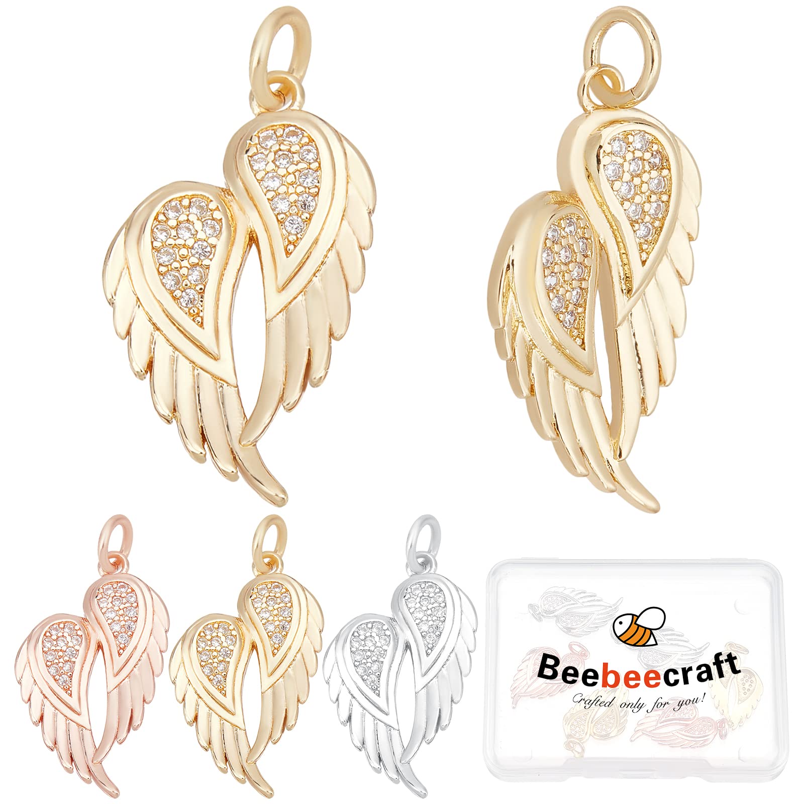 Beebeecraft 1 Box 6Pcs 3 Colors Wing Charms Crystal Micro Cubic Zirconia Wing Beads Pendants with Jump Ring for DIY Jewelry Making Bracelet Necklace