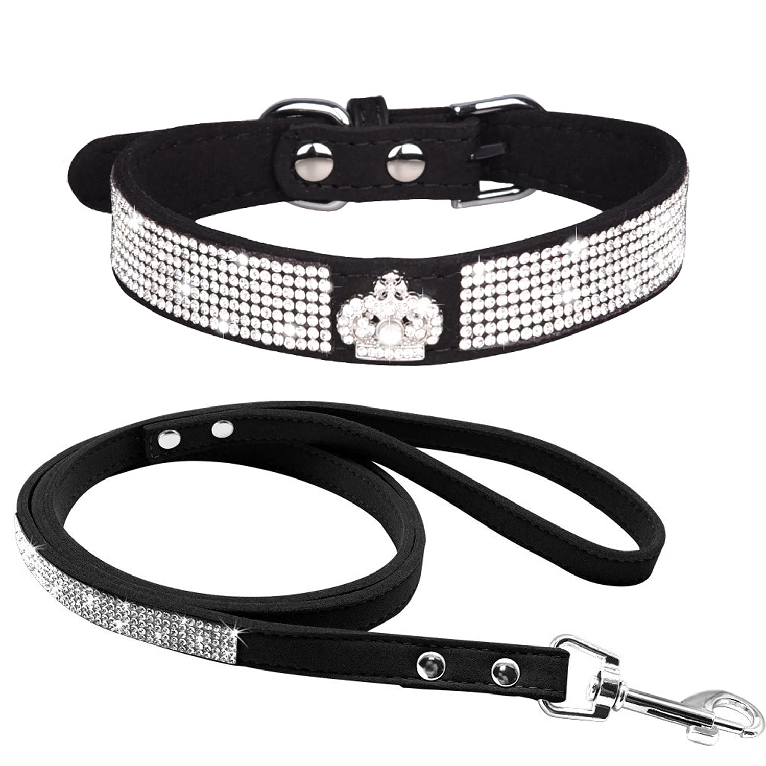 haoyueer Rhinestone Dog Collar, Cute Dazzling Sparkling Soft Suede Leather Dog Cat Rhinestone Collar Leash Crystal Diamond Pet Dog Puppy Collar (XS, Black-4)