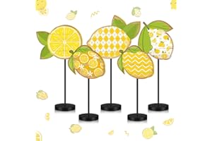 Yousoontic 5 Pcs Summer Wooden Tabletop Decor Freestanding Wood Table Sign Summer Decorations for Home Rustic Tabletop Centerpiece Standing Block Decorations for Farmhouse Office (Lemon)
