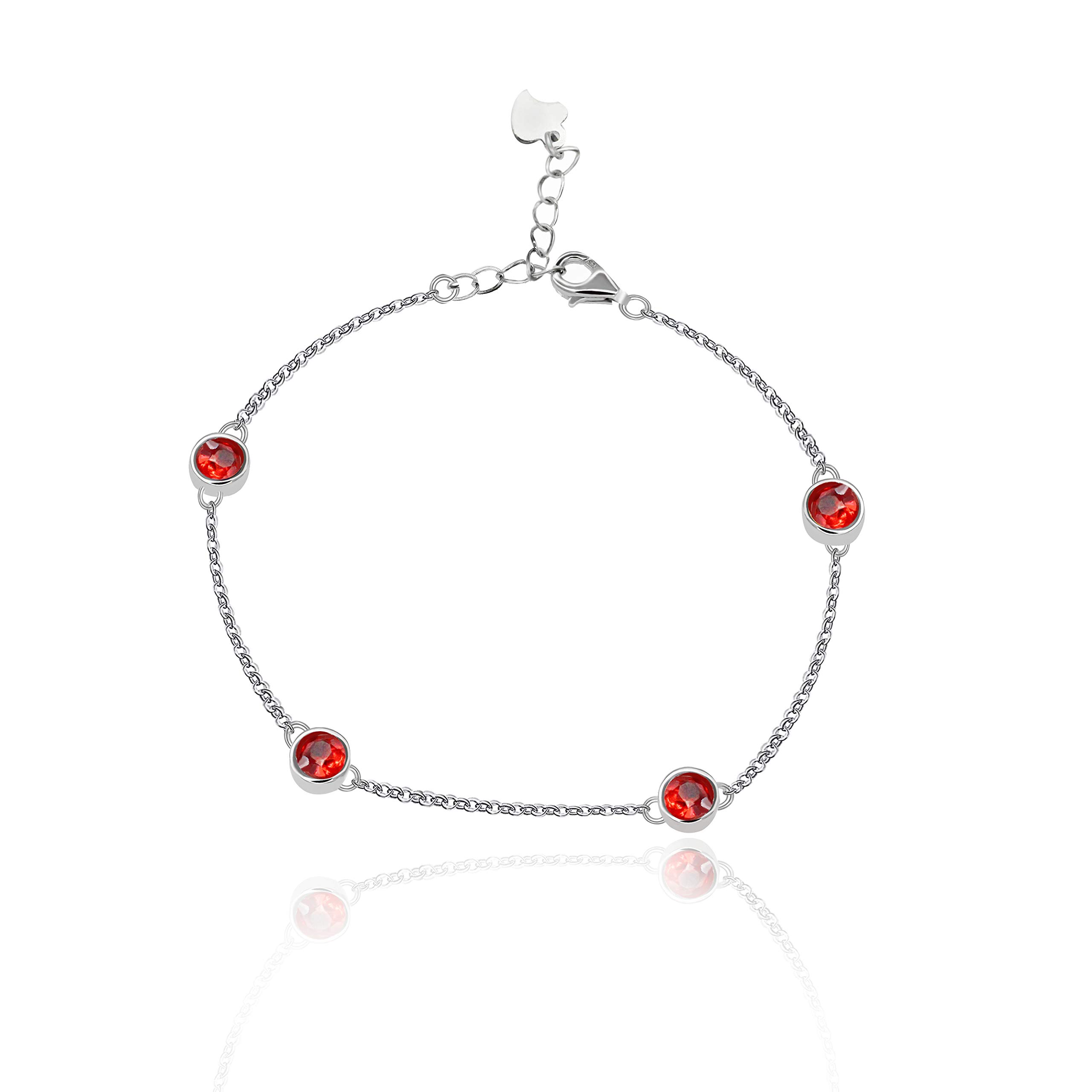Uloveido Sterling Silver Chain 4 Red Garnet Stones Good Luck Bracelet for Girls Protection FB045