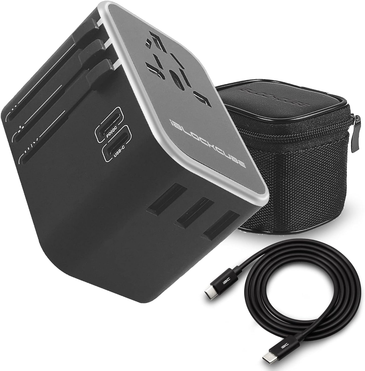 iBlockCube Travel Adapter, World's First 35W Dual Type C | 3 USB Ports with 3.5A Fast Speed Charger, & Universal AC Socket, All in One Portable Adaptor Wall Plug Compatible for 150+ Countries (Silver)