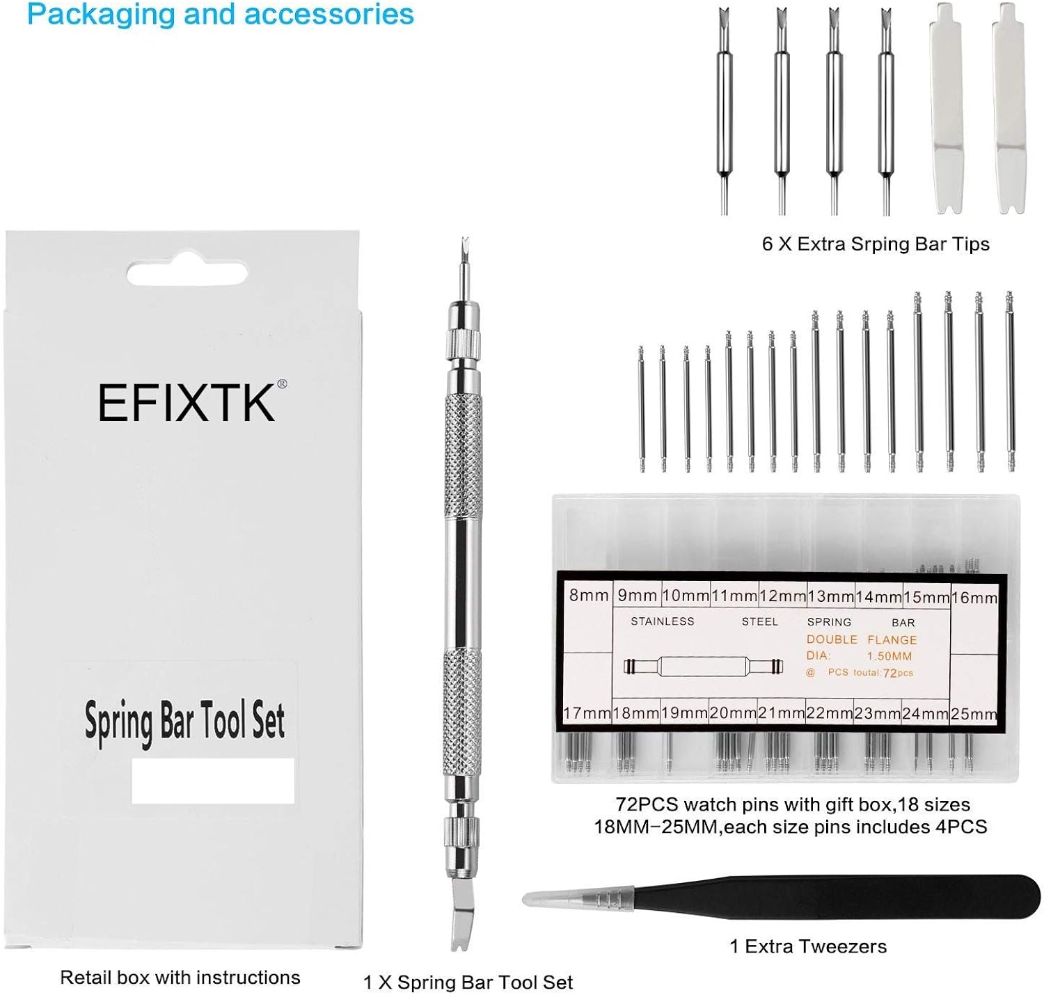 EFIXTK Spring Bar Tool Set with Extra 6 Tips Pins for Watch Wrist Bands Strap Removal Repair Fix Kit,72PCS Extra Watch Pins: Watches