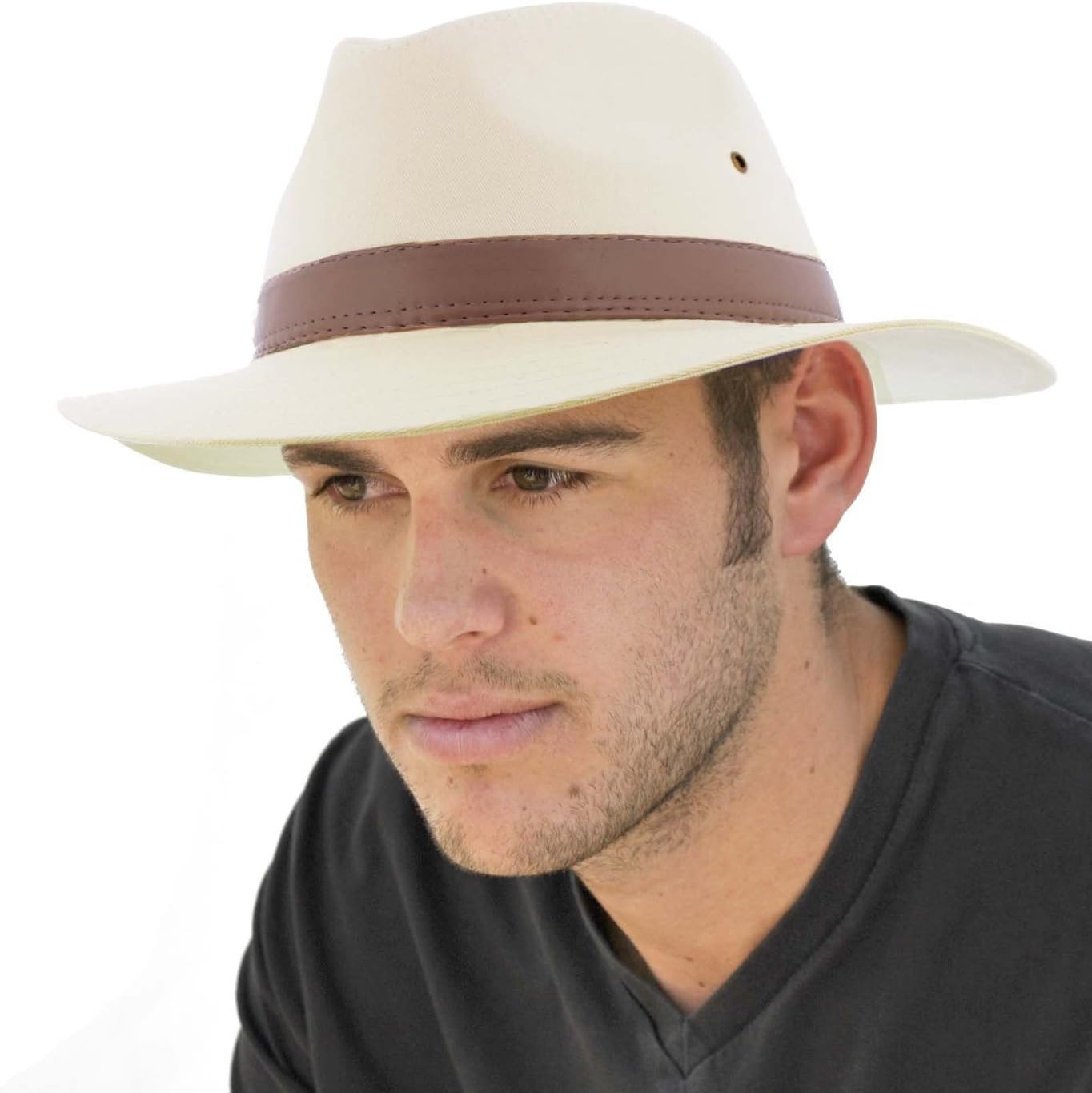 Dannii Matthews Stylish Men's Cotton Fedora with Brown Faux Leather Band, Natural, 60cm