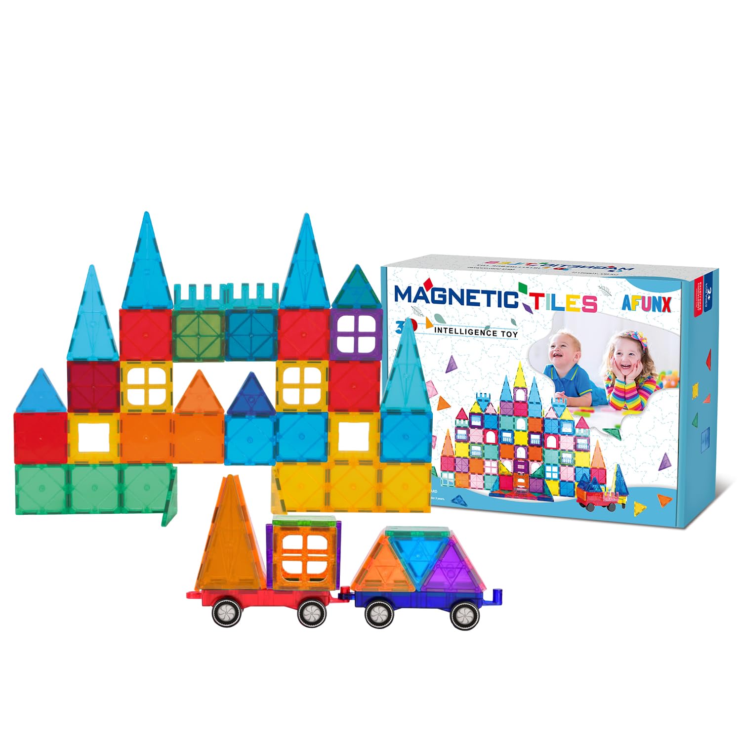 Photo 1 of AFUNX Magnetic Tiles,102PCS Magnetic Building Blocks 3D Clear Construction Playboards, Inspiration, Creativity Beyond Imagination, Educational Magnet Toy Set for Kids with 2 Cars