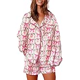 Faretumiya Women Christmas Pajamas Shorts Sets Xmas Printed Long Sleeve Button Shirt Lounge Set 2 Piece Santa Pjs Sleepwear