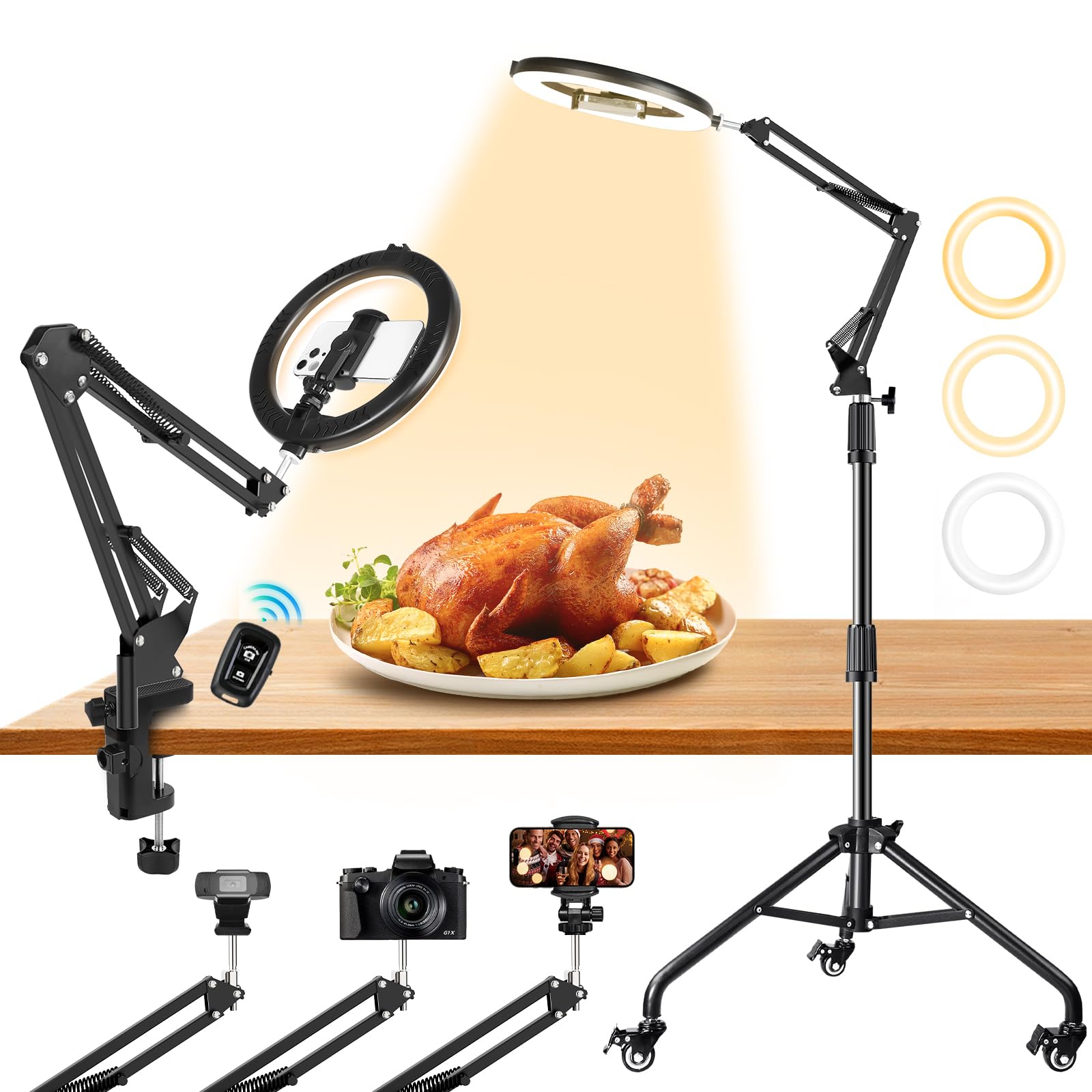 Ring Light Overhead Phone Mount with Casters, Dual-Purpose Floor/Desk Light Tripod for iPhone, Selfie Phone Tripod for Video Recording/Live Streaming/Cooking