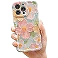 Mouzor Cute Case for iPhone 15 Pro Max, Colorful Retro Oil Painting Printed Flowers Case, Fashion TPU floral Laser Beam Glossy Pattern Curly Waves Frame Shockproof Protective Case Cover for Girl Women