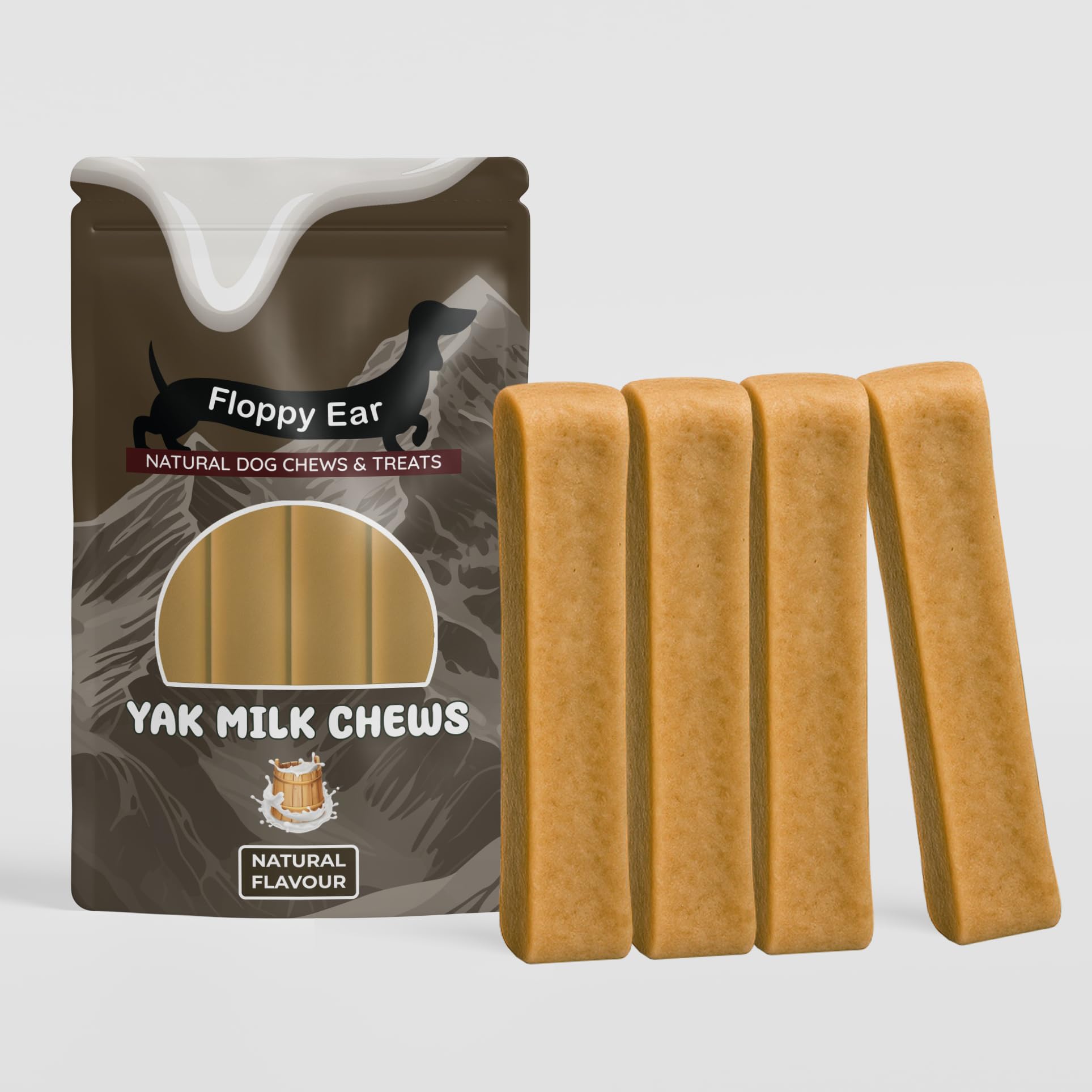 Floppy Ear Himalayan Yak Dog Chews - Yak Chews with Milk for Dogs Medium (pack of 4) - Protein & Calcium Rich Long Lasting Dog Chews - Dogs Dental Stick - Healthy Yak Snack - Natural Yak Bars for Dogs