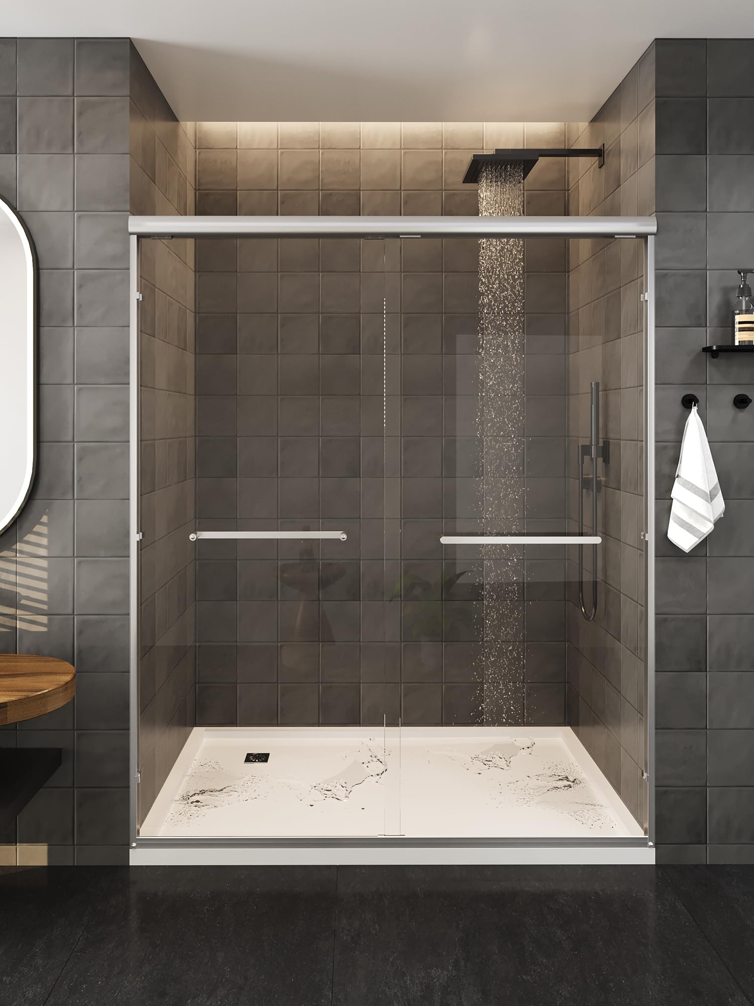 Photo 1 of Glass Shower Door, 54"-60" W x 72" H Sliding Shower Door, Aluminum Semi-Frameless & 1/4"(6mm) Clear Tempered with Explosion-Proof Film Nano Coating Shower Door Fit for Walk in Shower, Chrome Silver