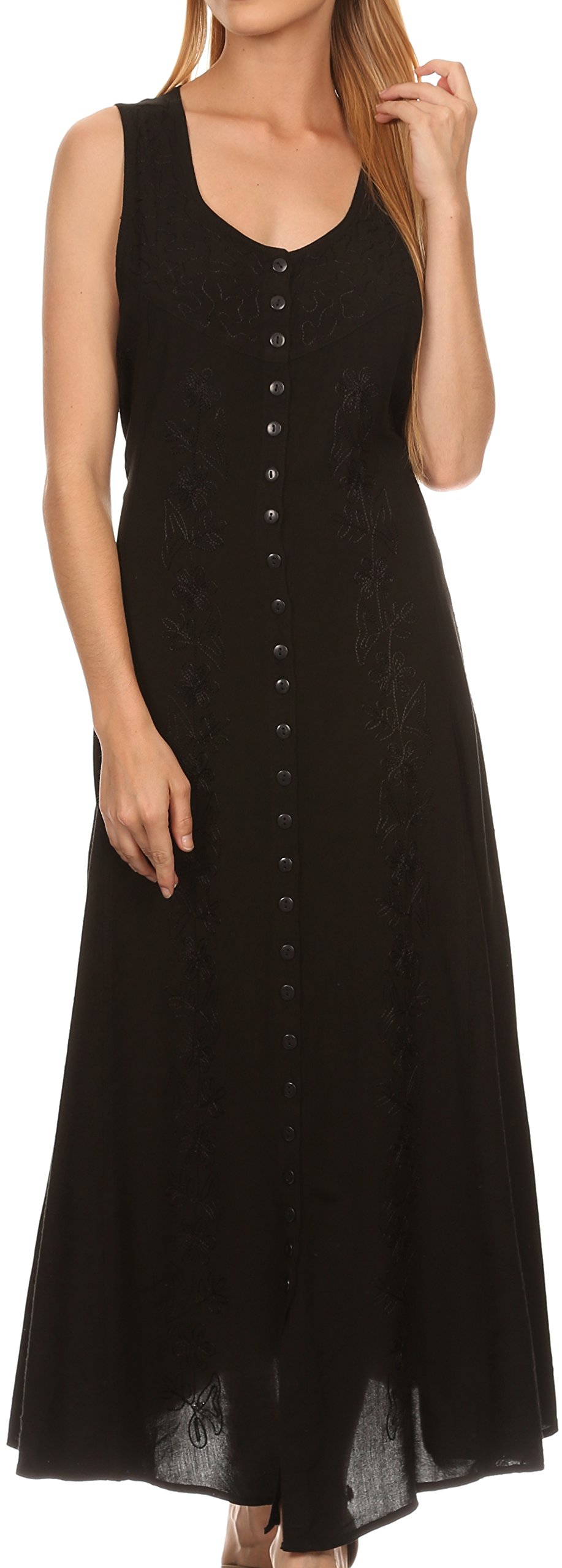 Photo 1 of Sakkas 15221 - Maya Floral Embroidered Sleeveless Button Up Rayon Dress - Black - L/XL