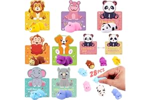 CATNEE Valentines Day Gifts for Kids, 28 Pack Mochi Squishy Toys with Valentines Day Cards for Kids, 3D Changing Face Moving Cards, Valentines Day Exchange Cards Mini Animal Stress Relief Toy Party Favors