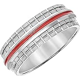 Brilliant Expressions Men’s Tungsten Carbide Wedding Band – 8.5mm Grey & White Matte Finish Ring with Red Plated Center Line, Flat Profile, Comfort Fit, Scratch Resistant & Hypoallergenic