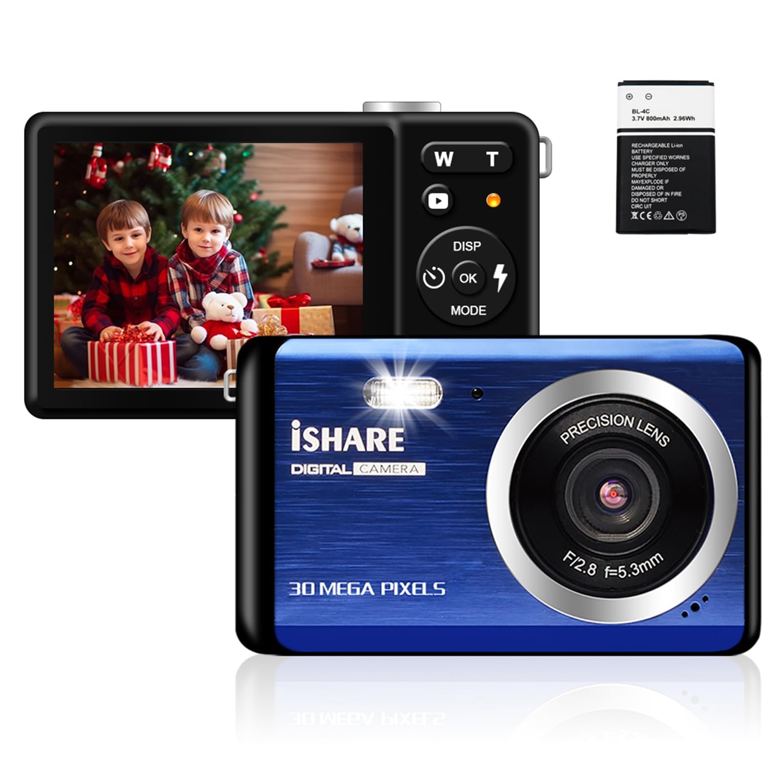 Digital Camera for Photography with FHD 1080P 18X Digital Zoom, 30MP Kids Rechargeable Point and Shoot Cameras,Built-in Microphone,Small Camera for Kids/Adult/Elderly/Beginners(Blue)