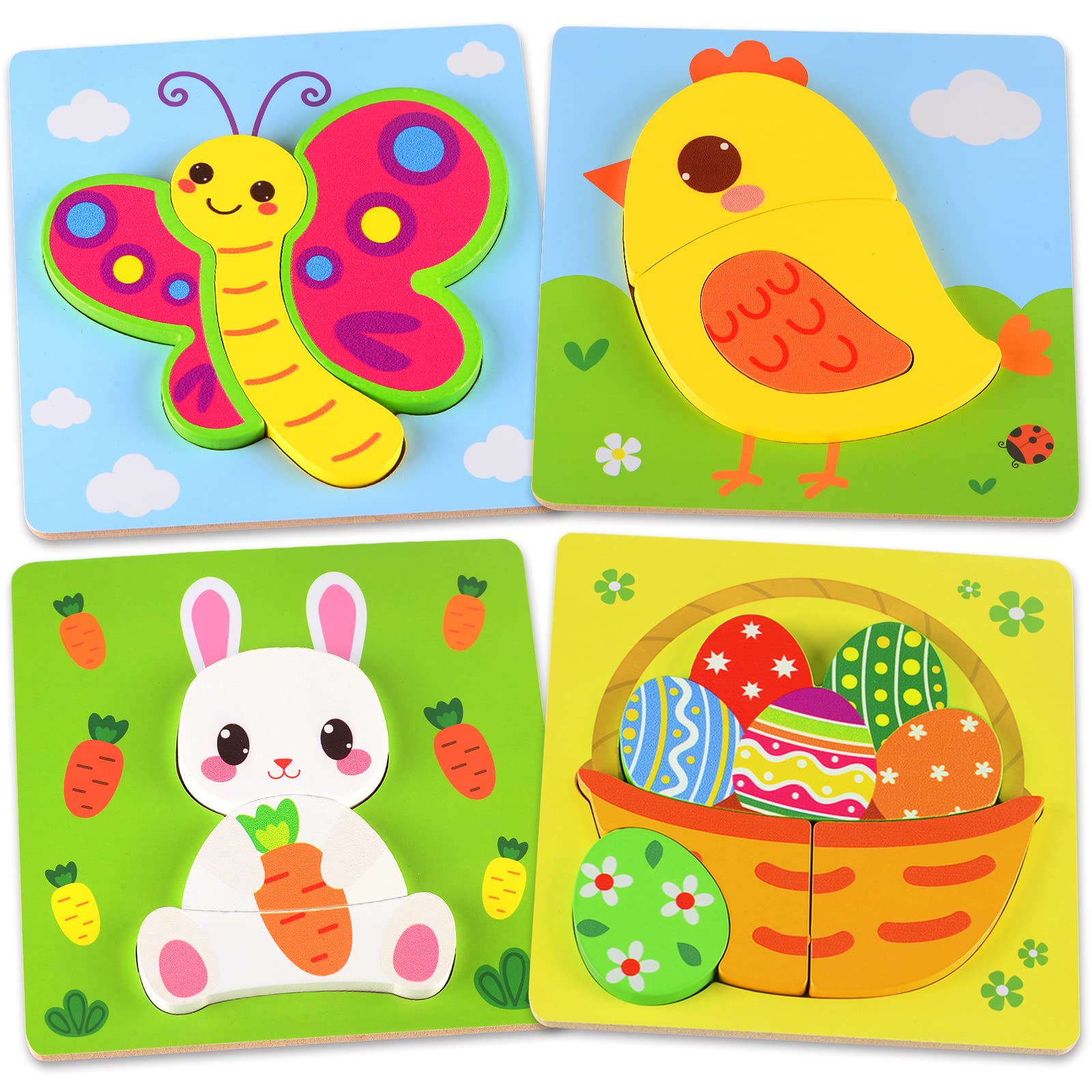 4 Pack Wooden Puzzles Toddler Toys, Easter Basket Stuffers for Toddler, Easter Gifts for Babies Boys Girls, Montessori Toys for 1 2 3 Year Old Baby, Educational Wood Animal Chunky Puzzles