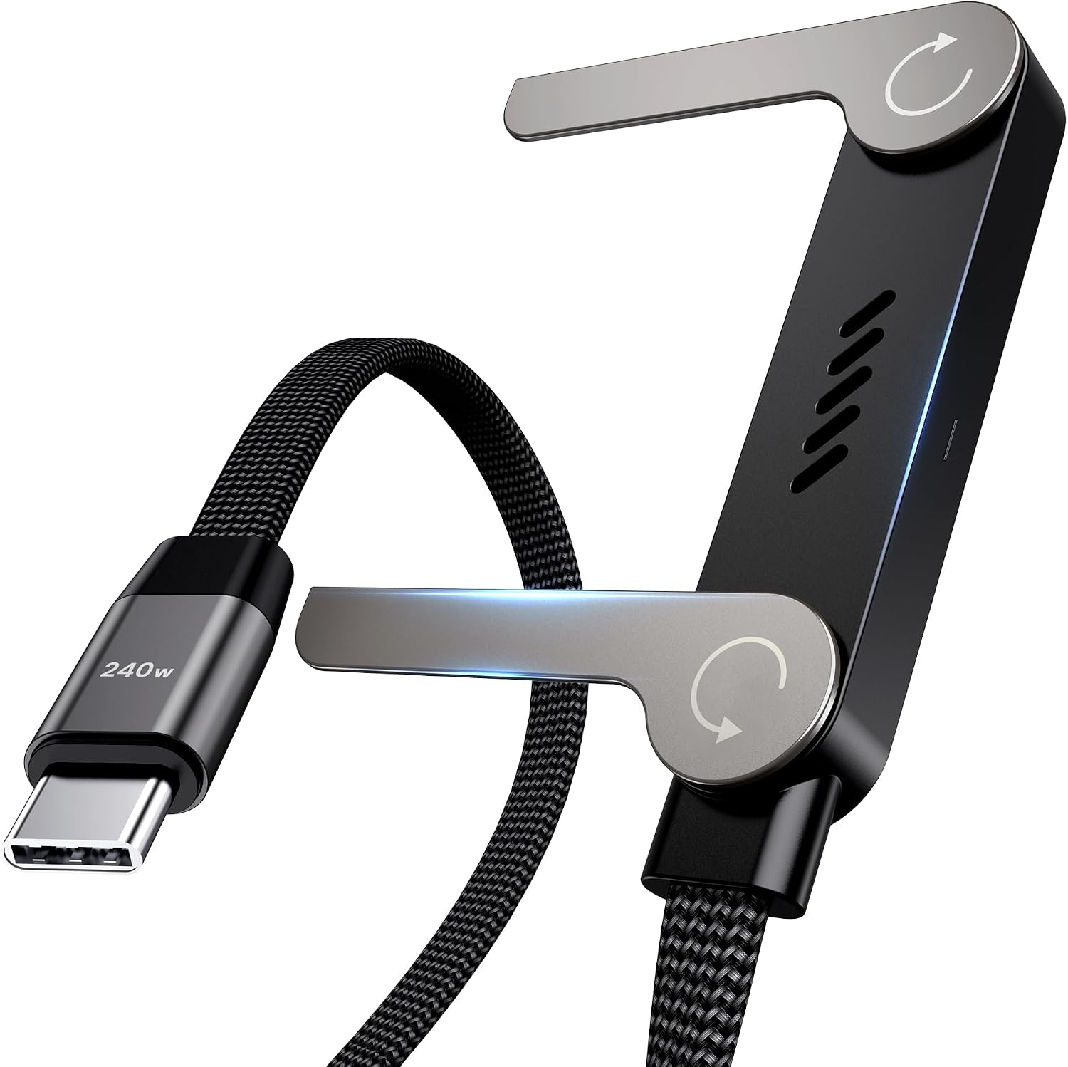 LOOHOI USB C to USB C Cable, 240W Fast Charging Cable with Built-in Phone Stand (5 FT, Black), Durable Braided Type-C Cable with 90° Angled T-Shaped Stand (1PCS)