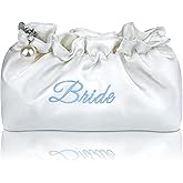 Lauusiusi Creamy White Satin Bride Cosmetic Bag Something Blue Embroidered Silk Makeup Bag Bling Pearl Bride To Be Purse for Bridal Shower Bachelorette Party Women Wedding Engagement Gift