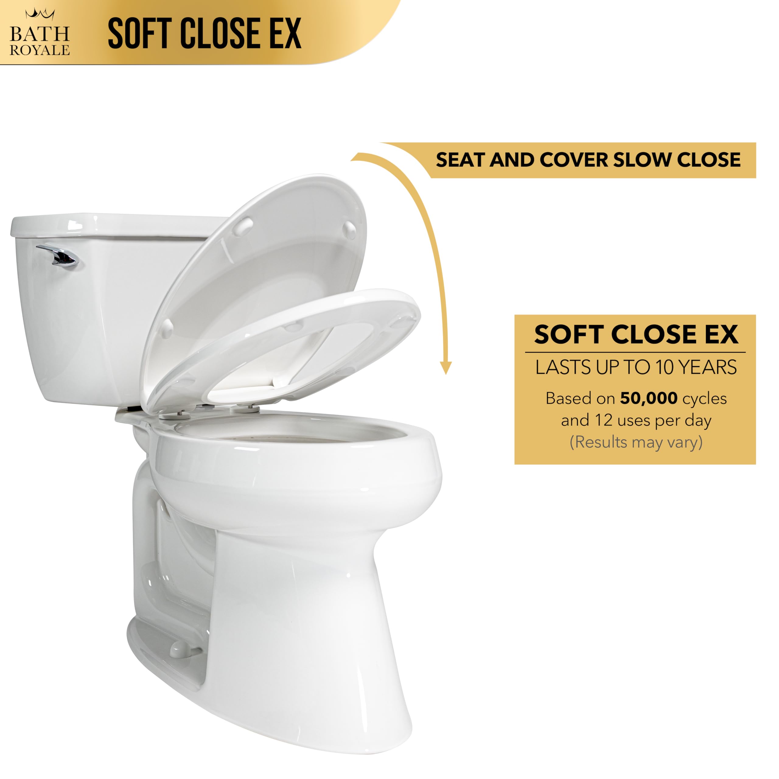 Bath Royale Slow Close Toilet Seat BR501-00 White Elongated, Stain-Resistant and Easy to Keep Clean, Heavy Duty Fits All Toilet Brands, Executive Series