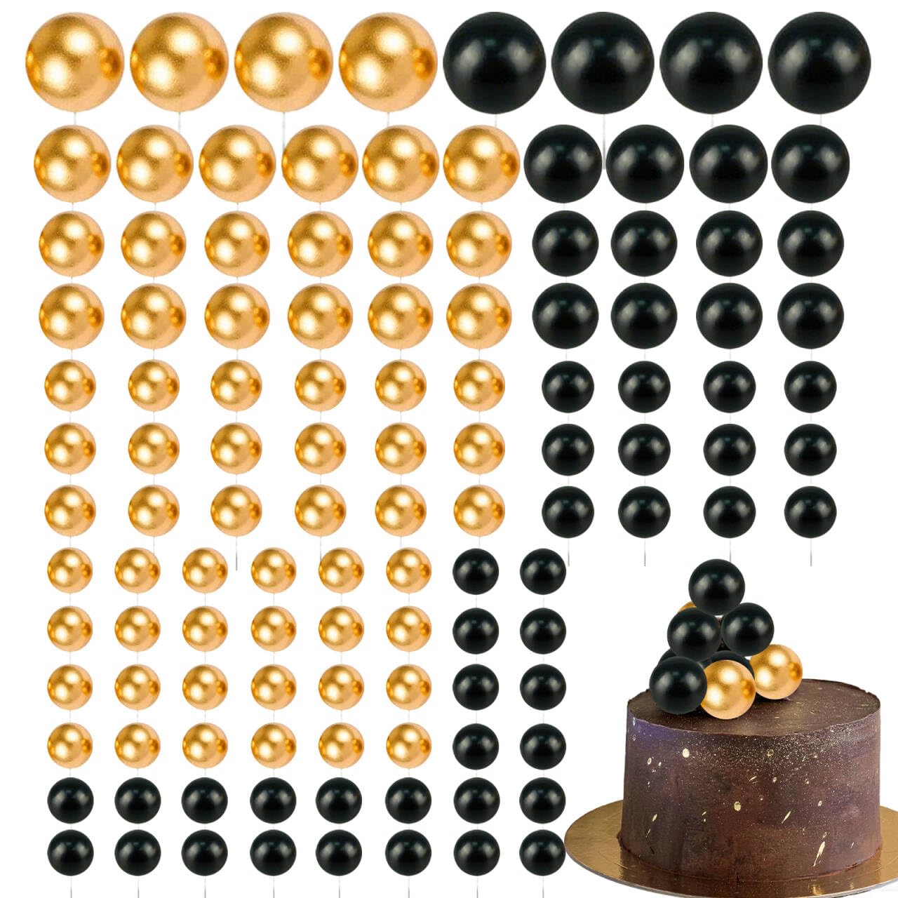 108 Pcs Cake Balls Decoration Cake Balloons Ball Cake Toppers Balloon Cake Toppers for Wedding Party (Black+Gold)