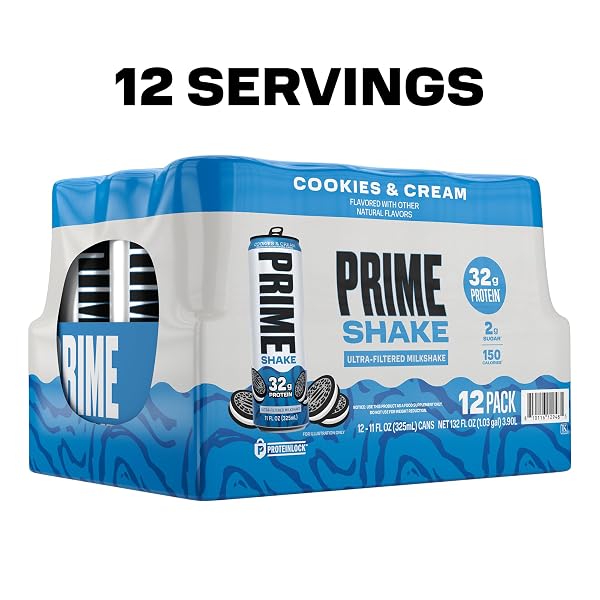 PRIME SHAKES, COOKIES & CREAM, 32G PROTEIN SHAKE FOR MUSCLE SUPPORT & RECOVERY, ULTRA-FILTERED MILK, LACTOSE FREE, LOW SUGAR, LOW CALORIE, READY TO DRINK, 11 FL OZ, 12 PACK