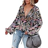 LAMISSCHE Womens Sexy Deep V Neck Blouse Lantern Long Sleeve Chiffon Shirt Oversized Drawstring Silk Satin Tunic
